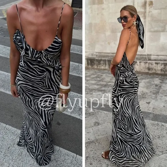 Zara Ruffled Maxi Dress Zebra Size XS
