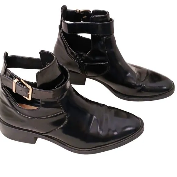 Zara TRF Ankle Boots Sz 10.5 Black PATENT LEATHER Punk Block Heel Buckle Strap