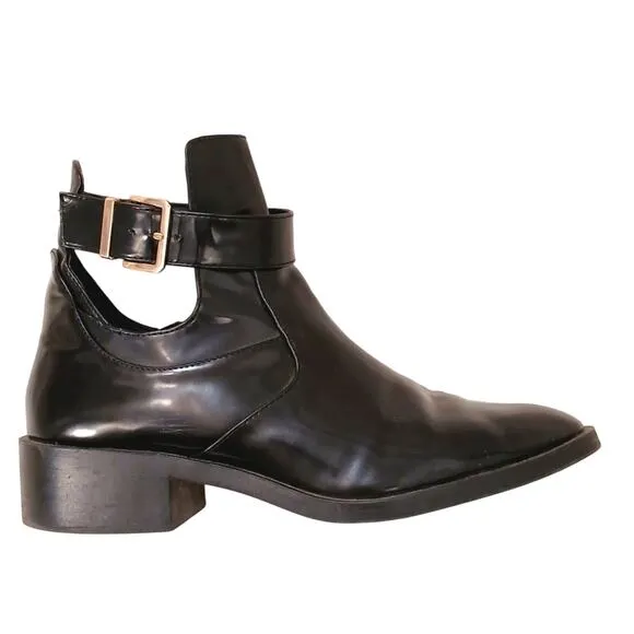 Zara TRF Ankle Boots Sz 10.5 Black PATENT LEATHER Punk Block Heel Buckle Strap