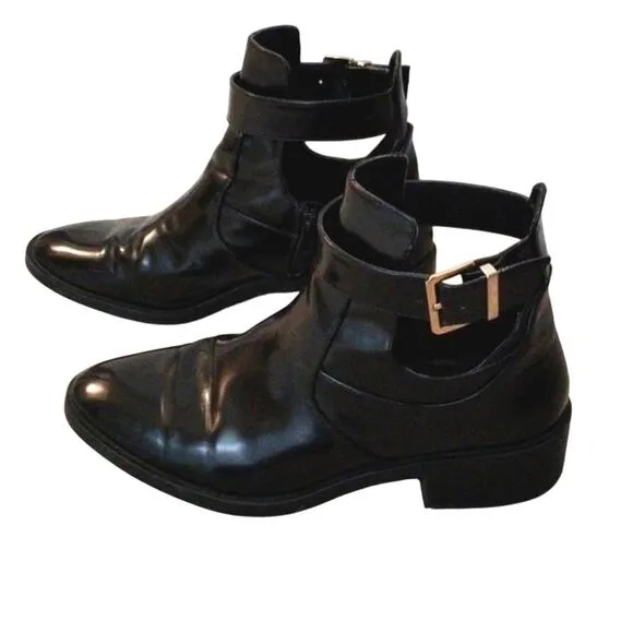 Zara TRF Ankle Boots Sz 10.5 Black PATENT LEATHER Punk Block Heel Buckle Strap