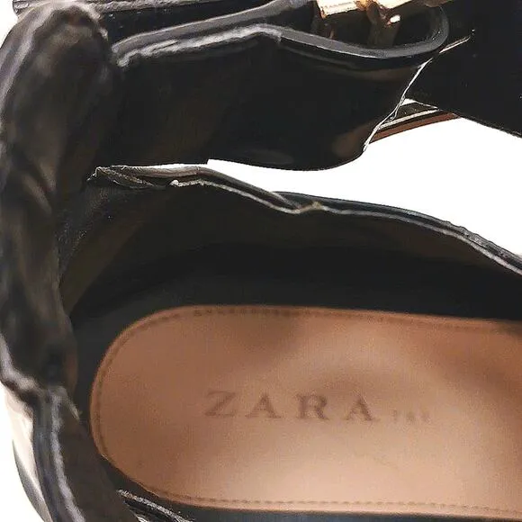 Zara TRF Ankle Boots Sz 10.5 Black PATENT LEATHER Punk Block Heel Buckle Strap