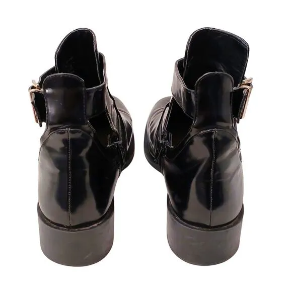 Zara TRF Ankle Boots Sz 10.5 Black PATENT LEATHER Punk Block Heel Buckle Strap