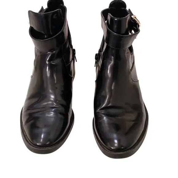 Zara TRF Ankle Boots Sz 10.5 Black PATENT LEATHER Punk Block Heel Buckle Strap