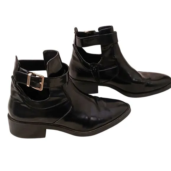Zara TRF Ankle Boots Sz 10.5 Black PATENT LEATHER Punk Block Heel Buckle Strap