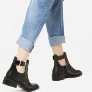 Zara TRF Ankle Boots Sz 10.5 Black PATENT LEATHER Punk Block Heel Buckle Strap