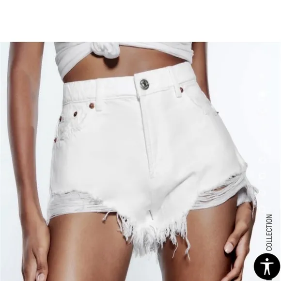 Zara White distressed high waisted denim jean shorts - ripped, frayed hem