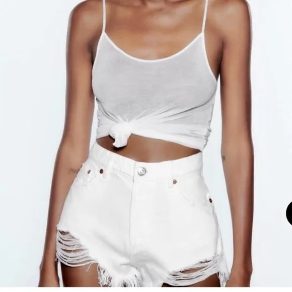 Zara White distressed high waisted denim jean shorts - ripped, frayed hem