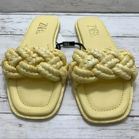 Zara Woven Raffia Flat Yellow Sandals