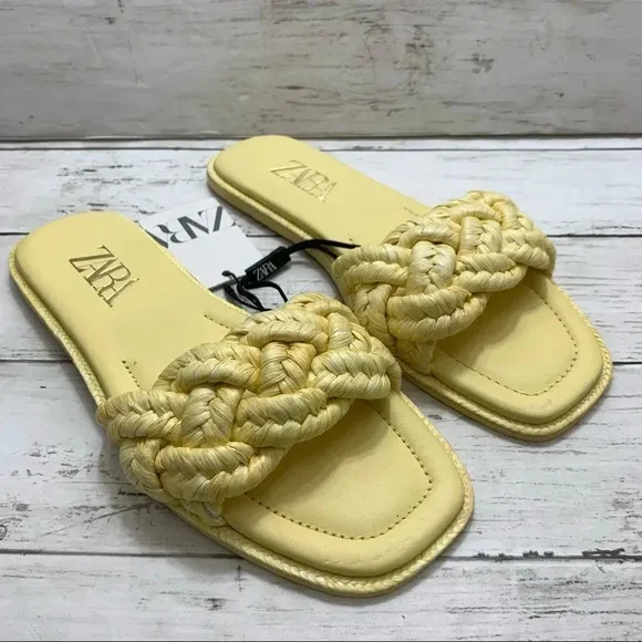 Zara Woven Raffia Flat Yellow Sandals