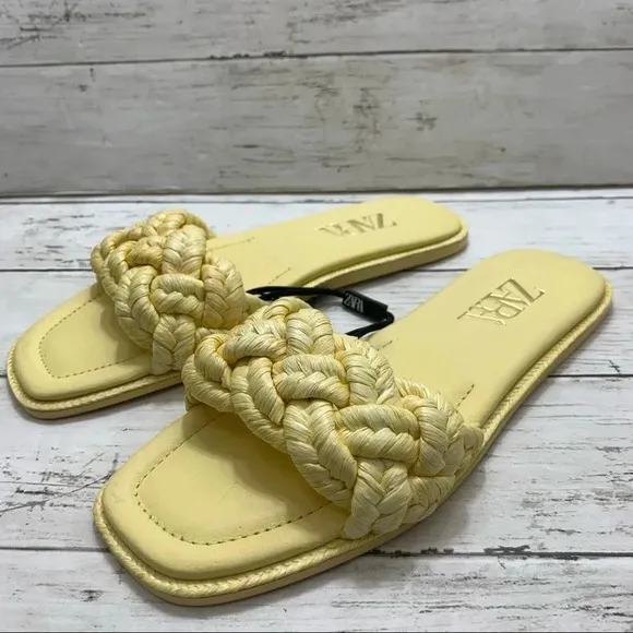 Zara Woven Raffia Flat Yellow Sandals