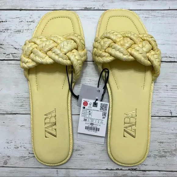 Zara Woven Raffia Flat Yellow Sandals