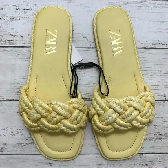 Zara Woven Raffia Flat Yellow Sandals