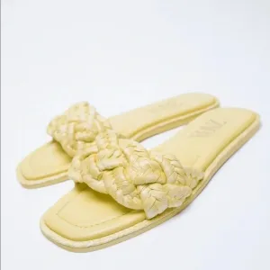 Zara Woven Raffia Flat Yellow Sandals
