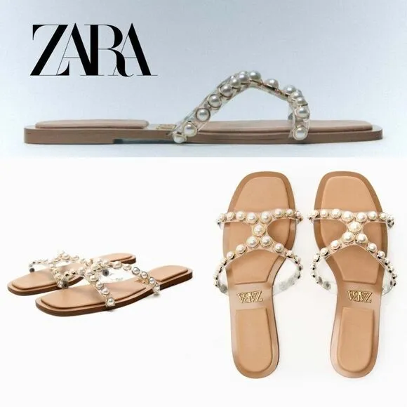 ZARA PEARLY VINYL SANDALS FLATS