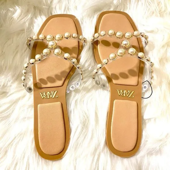 ZARA PEARLY VINYL SANDALS FLATS