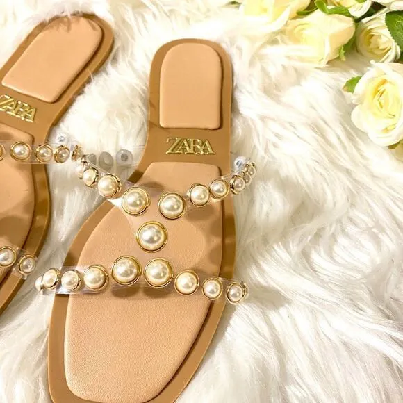 ZARA PEARLY VINYL SANDALS FLATS
