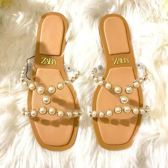ZARA PEARLY VINYL SANDALS FLATS