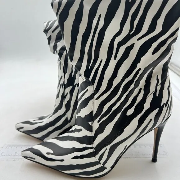 Zebra Women Wide Calf Knee High Boots Kitten Heels Long Booties Walking Shoes