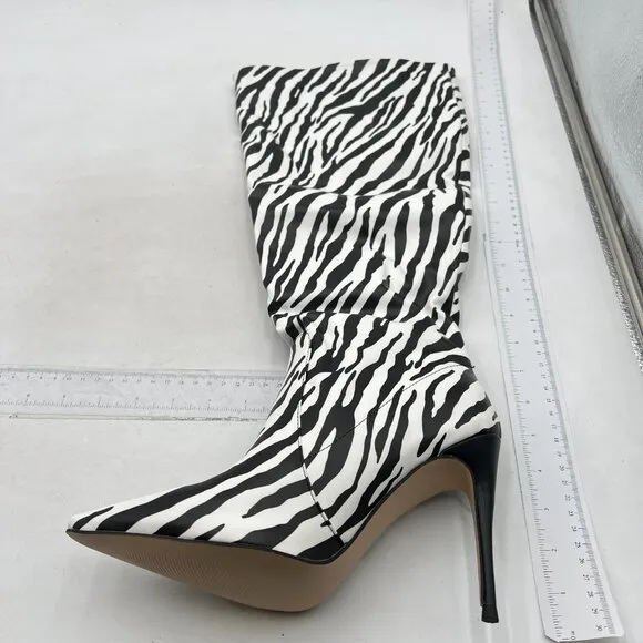 Zebra Women Wide Calf Knee High Boots Kitten Heels Long Booties Walking Shoes