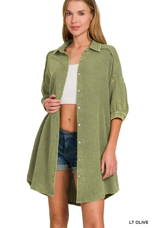 Zenana Washed Double Gauze Button Down Shirt Dress