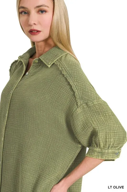Zenana Washed Double Gauze Button Down Shirt Dress
