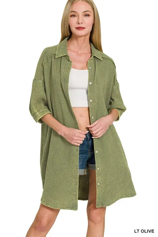 Zenana Washed Double Gauze Button Down Shirt Dress