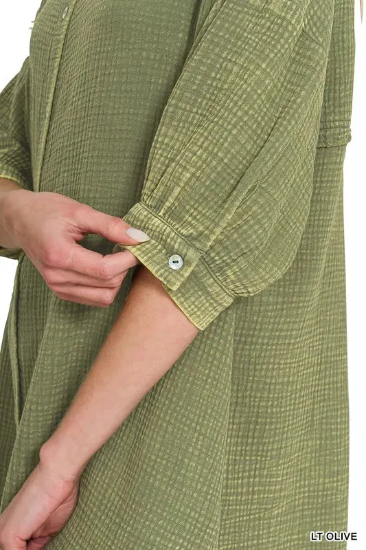 Zenana Washed Double Gauze Button Down Shirt Dress