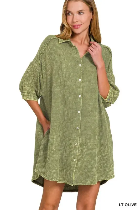 Zenana Washed Double Gauze Button Down Shirt Dress