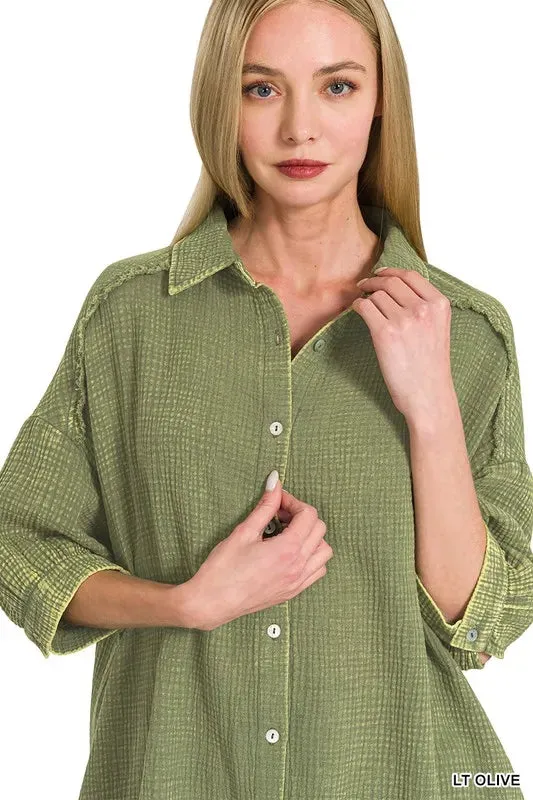 Zenana Washed Double Gauze Button Down Shirt Dress