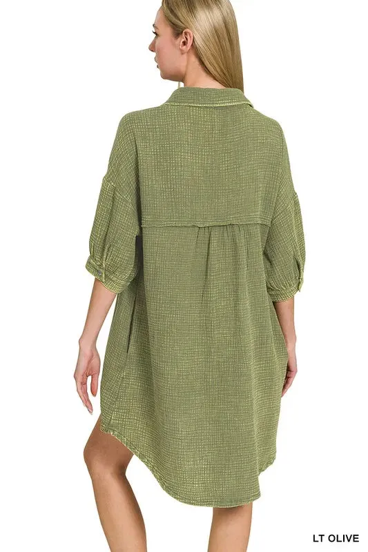 Zenana Washed Double Gauze Button Down Shirt Dress